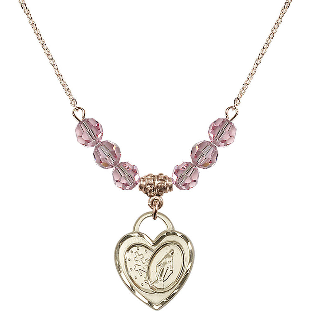 14kt Gold Filled Miraculous Heart Birthstone Necklace with Light Rose Beads - 3212