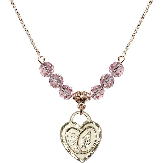 14kt Gold Filled Miraculous Heart Birthstone Necklace with Light Rose Beads - 3212