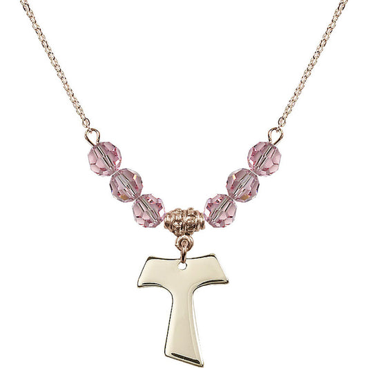 14kt Gold Filled Tau Cross Birthstone Necklace with Light Rose Beads - 3948