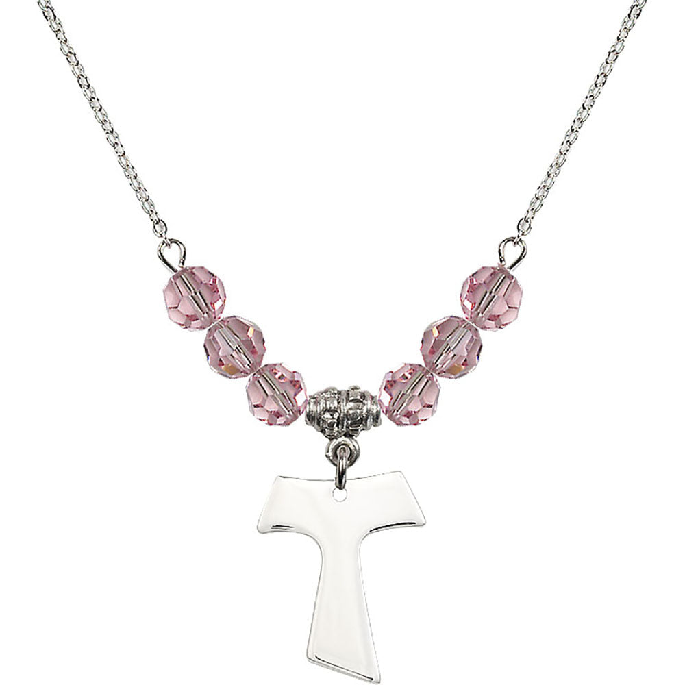 Sterling Silver Tau Cross Birthstone Necklace with Light Rose Beads - 3948