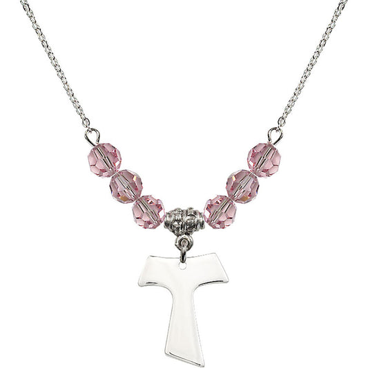 Sterling Silver Tau Cross Birthstone Necklace with Light Rose Beads - 3948