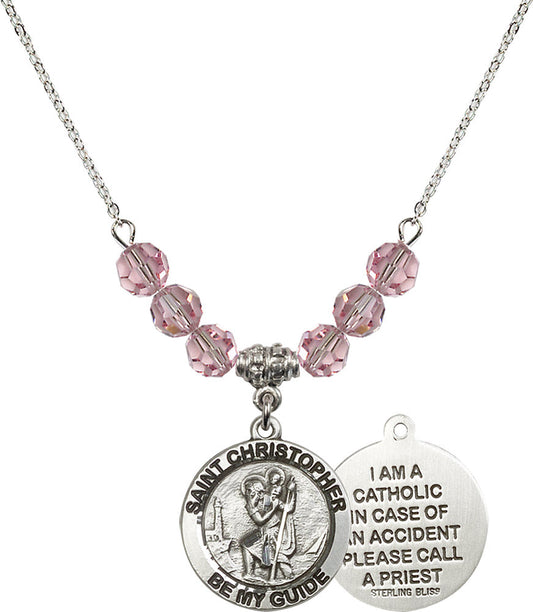 Sterling Silver Saint Christopher Birthstone Necklace with Light Rose Beads - 4049