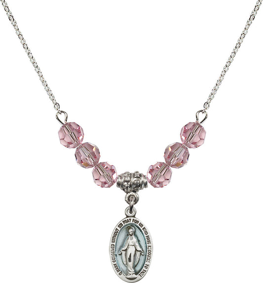 Sterling Silver Miraculous Birthstone Necklace with Light Rose Beads - 4122
