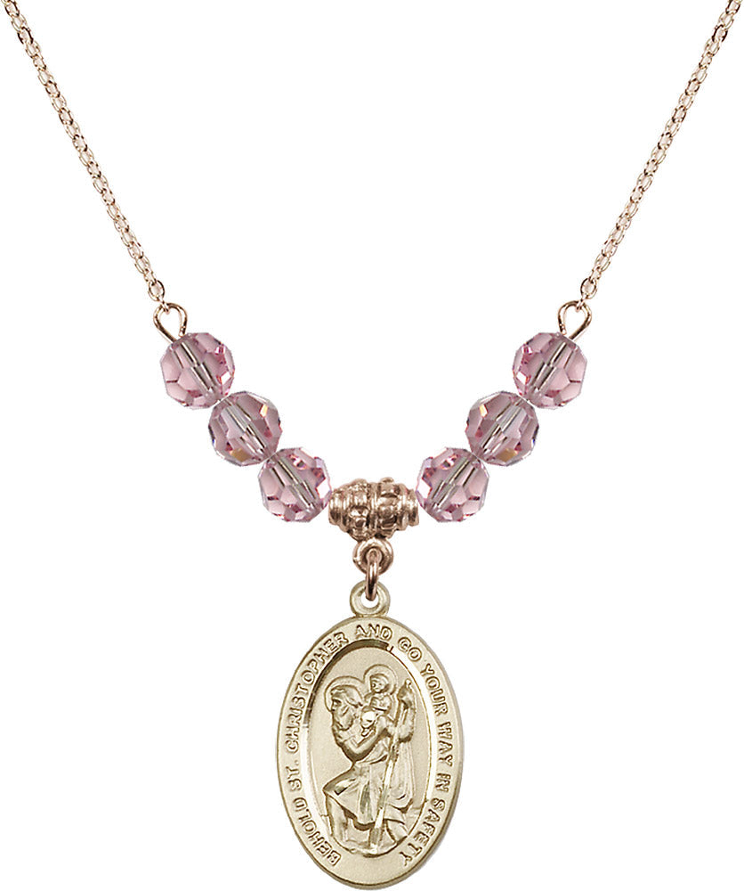 14kt Gold Filled Saint Christopher Birthstone Necklace with Light Rose Beads - 4123