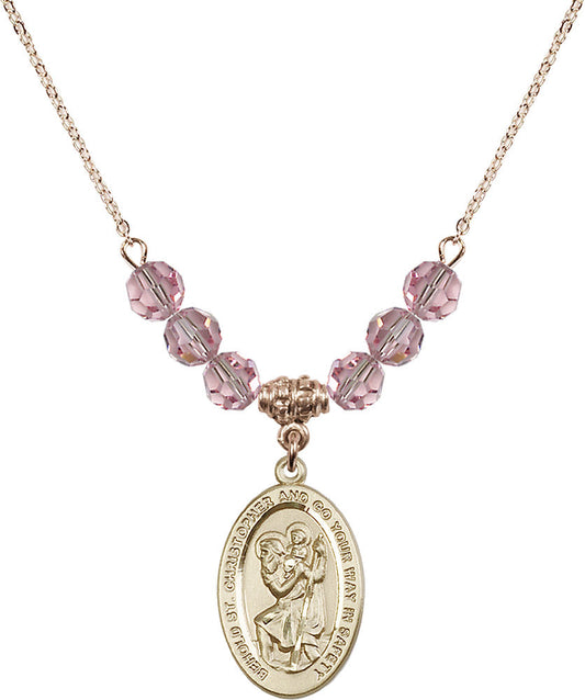 14kt Gold Filled Saint Christopher Birthstone Necklace with Light Rose Beads - 4123