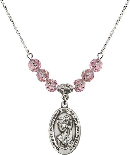 Sterling Silver Saint Christopher Birthstone Necklace with Light Rose Beads - 4123