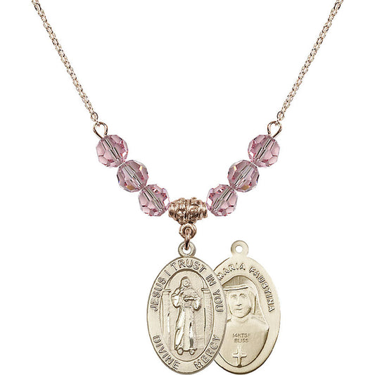 14kt Gold Filled Divine Mercy Birthstone Necklace with Light Rose Beads - 4123