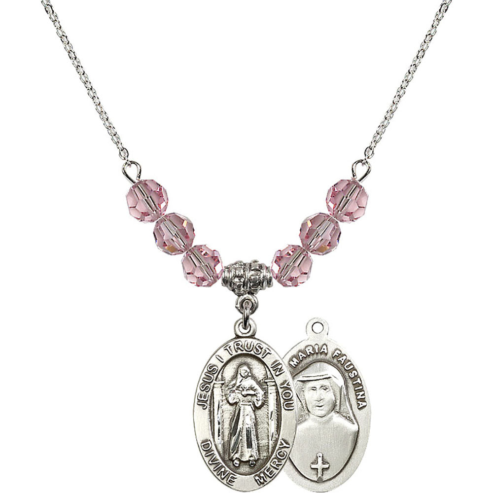 Sterling Silver Divine Mercy Birthstone Necklace with Light Rose Beads - 4123