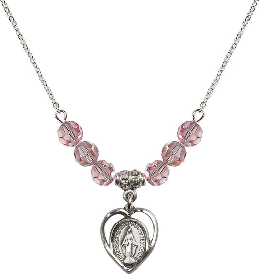 Sterling Silver Miraculous Birthstone Necklace with Light Rose Beads - 4125