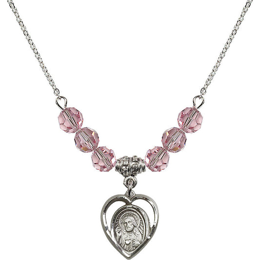 Sterling Silver Scapular Birthstone Necklace with Light Rose Beads - 4126