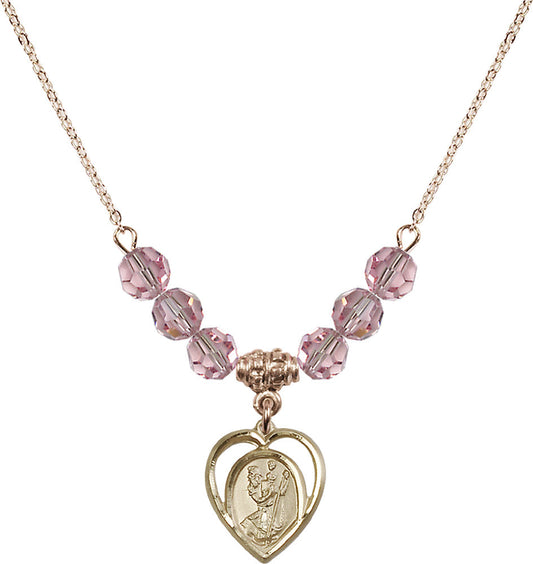 14kt Gold Filled Saint Christopher Birthstone Necklace with Light Rose Beads - 4127