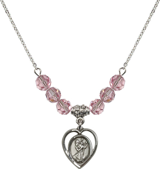 Sterling Silver Saint Christopher Birthstone Necklace with Light Rose Beads - 4127