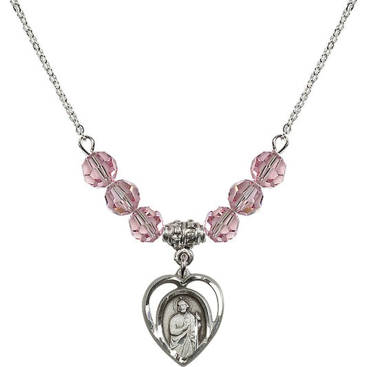 Sterling Silver Saint Jude Birthstone Necklace with Light Rose Beads - 4128