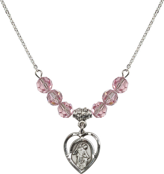 Sterling Silver Guardian Angel Birthstone Necklace with Light Rose Beads - 4129