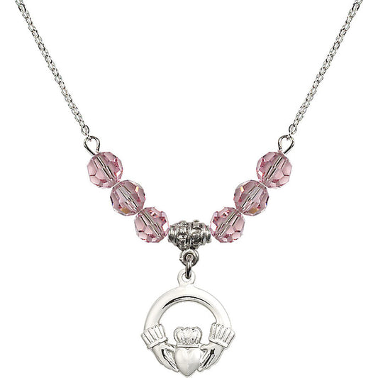 Sterling Silver Claddagh Birthstone Necklace with Light Rose Beads - 4138