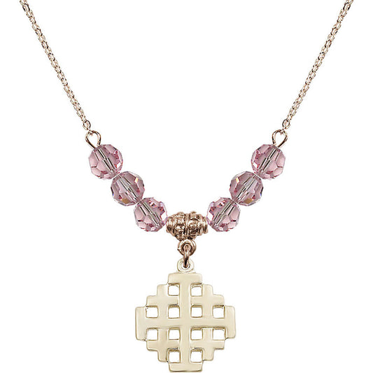 14kt Gold Filled Jerusalem Cross Birthstone Necklace with Light Rose Beads - 4139