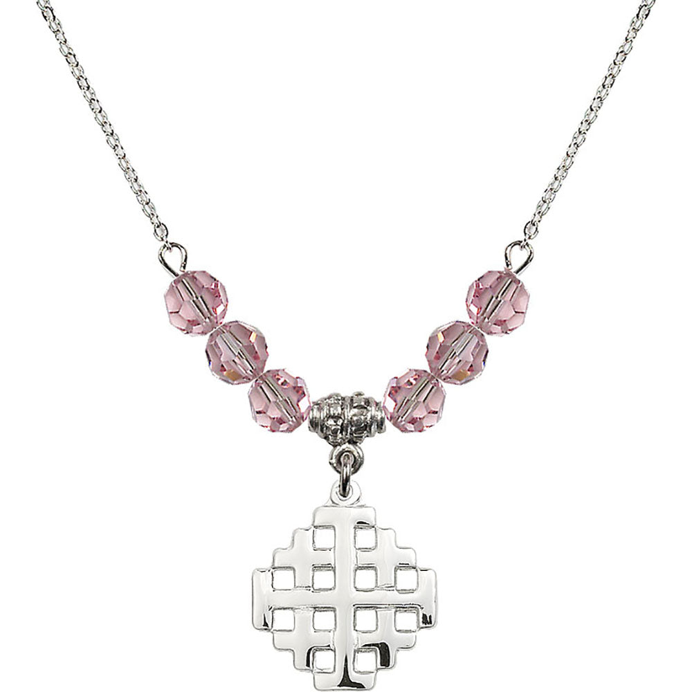 Sterling Silver Jerusalem Cross Birthstone Necklace with Light Rose Beads - 4139