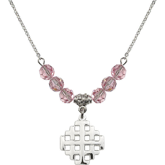 Sterling Silver Jerusalem Cross Birthstone Necklace with Light Rose Beads - 4139