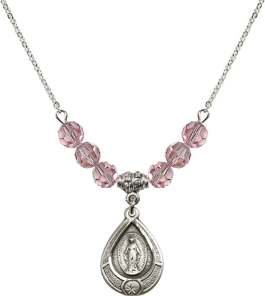 Sterling Silver Miraculous Birthstone Necklace with Light Rose Beads - 4144