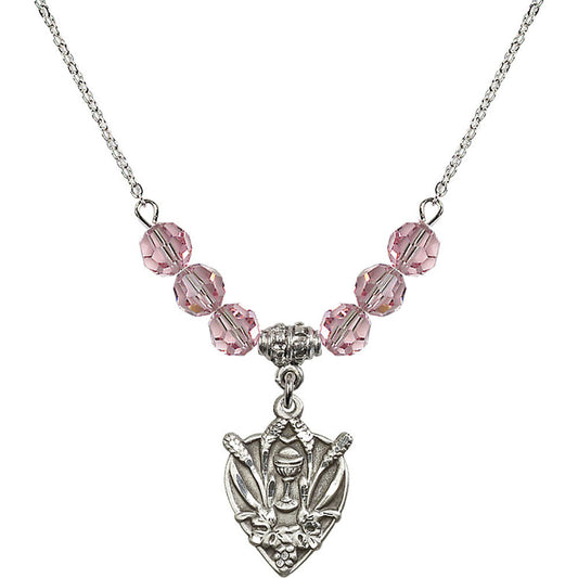 Sterling Silver Communion Birthstone Necklace with Light Rose Beads - 4200