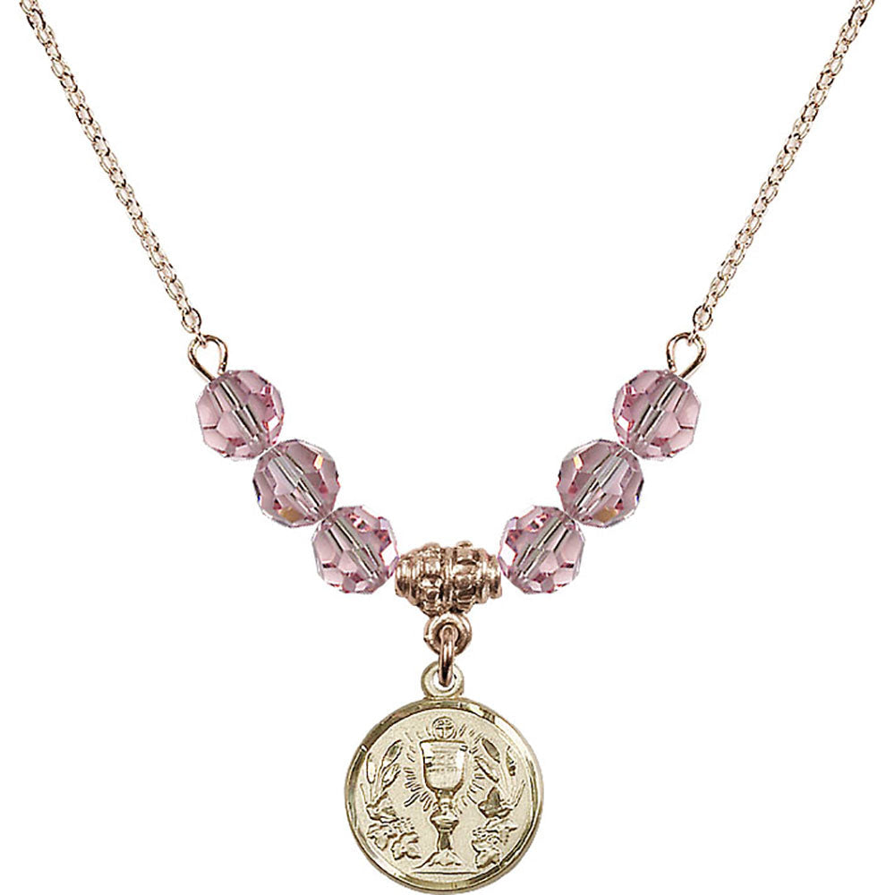14kt Gold Filled Communion Chalice Birthstone Necklace with Light Rose Beads - 4203