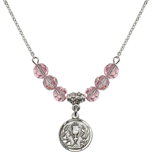 Sterling Silver Communion Chalice Birthstone Necklace with Light Rose Beads - 4203