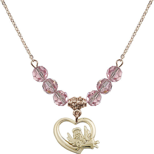 14kt Gold Filled Heart / Guardian Angel Birthstone Necklace with Light Rose Beads - 4206