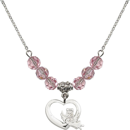 Sterling Silver Heart / Guardian Angel Birthstone Necklace with Light Rose Beads - 4206