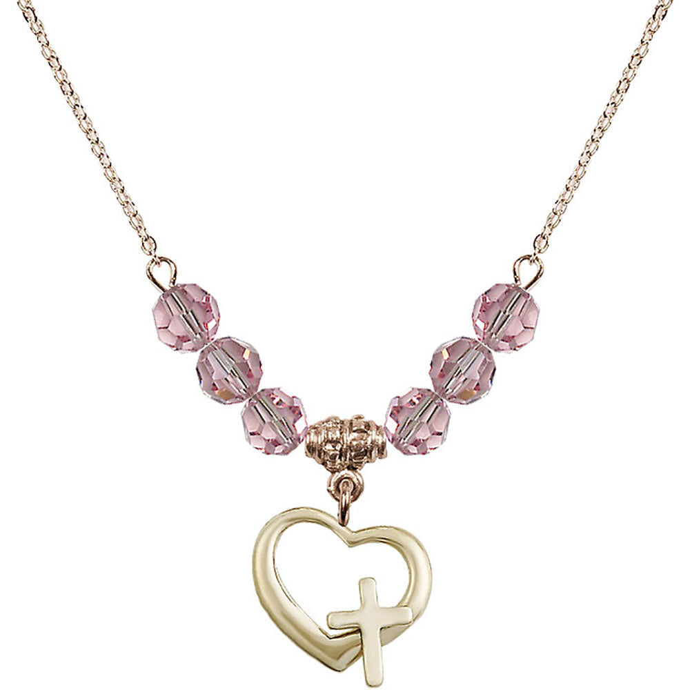 14kt Gold Filled Heart / Cross Birthstone Necklace with Light Rose Beads - 4207
