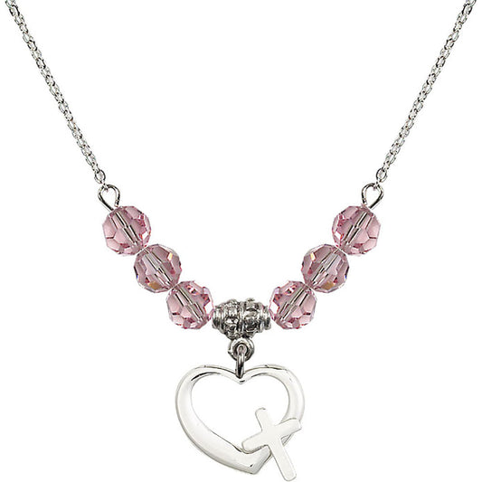Sterling Silver Heart / Cross Birthstone Necklace with Light Rose Beads - 4207