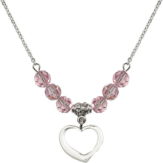 Sterling Silver Heart Birthstone Necklace with Light Rose Beads - 4208