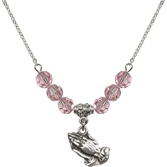 Sterling Silver Praying Hands Birthstone Necklace with Light Rose Beads - 4219