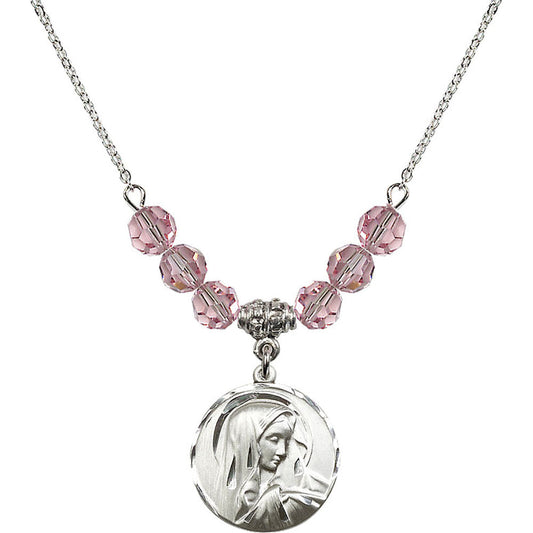 Sterling Silver Sorrowful Mother Birthstone Necklace with Light Rose Beads - 4249