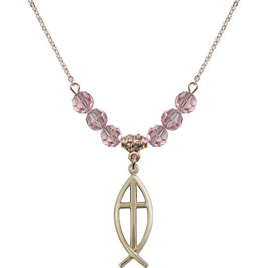 14kt Gold Filled Fish / Cross Birthstone Necklace with Light Rose Beads - 4252