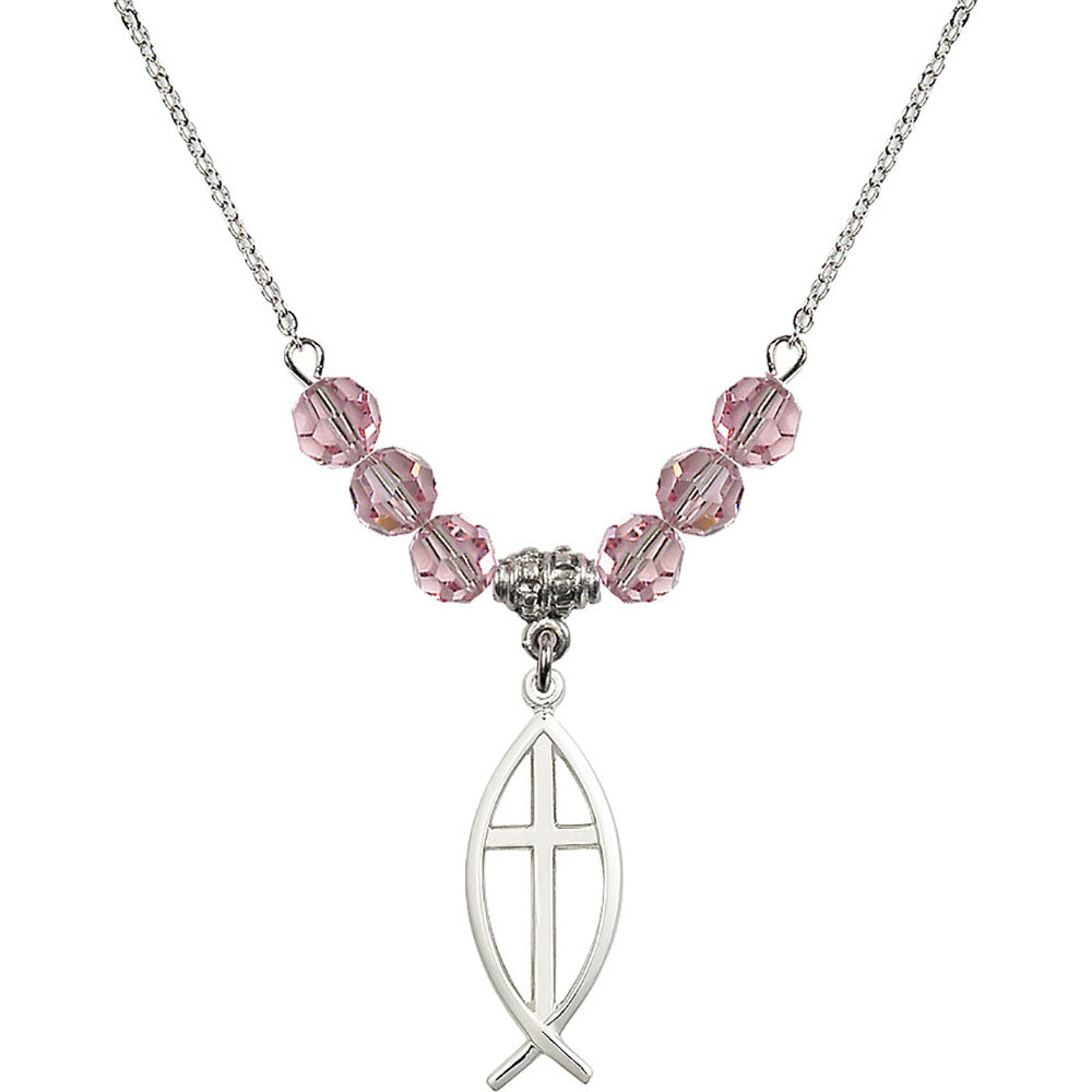 Sterling Silver Fish / Cross Birthstone Necklace with Light Rose Beads - 4252