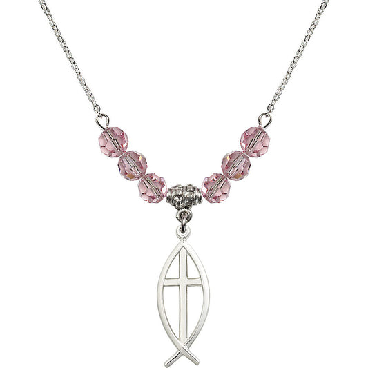 Sterling Silver Fish / Cross Birthstone Necklace with Light Rose Beads - 4252