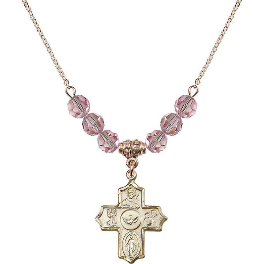14kt Gold Filled 5-Way Birthstone Necklace with Light Rose Beads - 4255