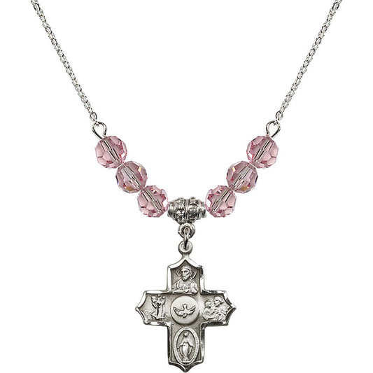 Sterling Silver 5-Way Birthstone Necklace with Light Rose Beads - 4255