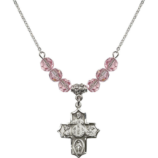 Sterling Silver 4-Way Birthstone Necklace with Light Rose Beads - 4256
