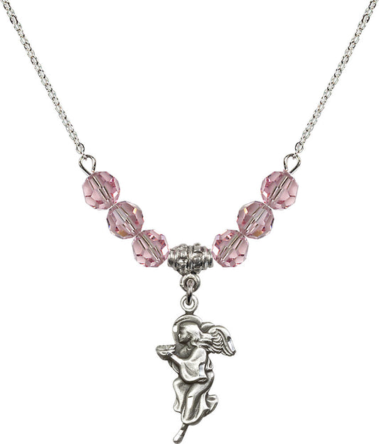 Sterling Silver Guardian Angel Birthstone Necklace with Light Rose Beads - 4260