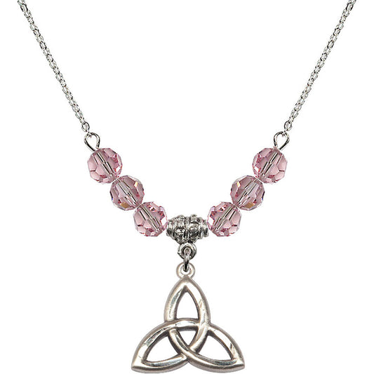 Sterling Silver Trinity Irish Knot Birthstone Necklace with Light Rose Beads - 5101