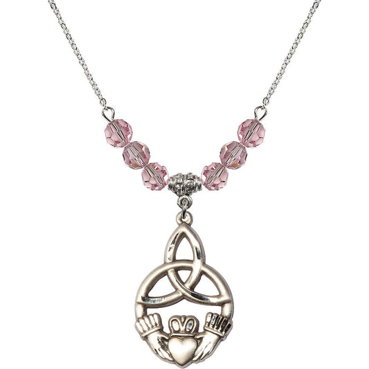 Sterling Silver Irish Knot / Claddagh Birthstone Necklace with Light Rose Beads - 5102