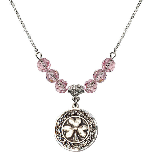 Sterling Silver Shamrock w/ Celtic Border Birthstone Necklace with Light Rose Beads - 5106