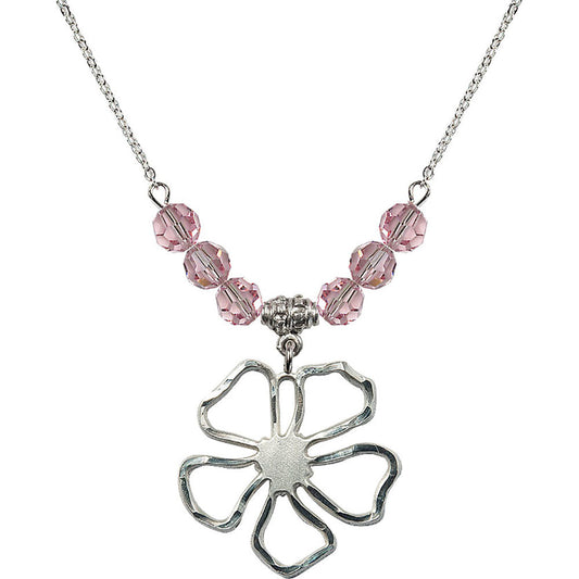 Sterling Silver Five Pedal Flower Birthstone Necklace with Light Rose Beads - 5109