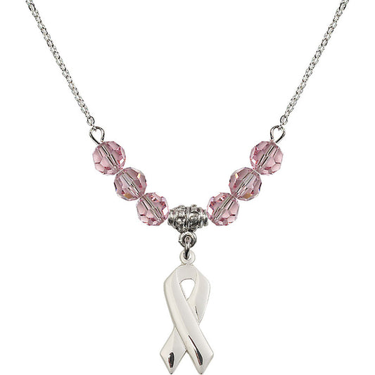 Sterling Silver Cancer Awareness Birthstone Necklace with Light Rose Beads - 5150