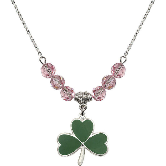 Sterling Silver Shamrock Birthstone Necklace with Light Rose Beads - 5248
