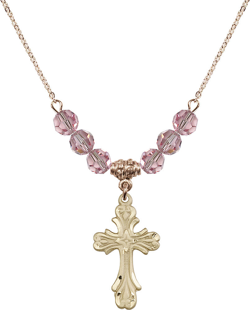 14kt Gold Filled Cross Birthstone Necklace with Light Rose Beads - 5419