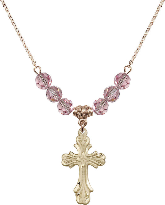 14kt Gold Filled Cross Birthstone Necklace with Light Rose Beads - 5419