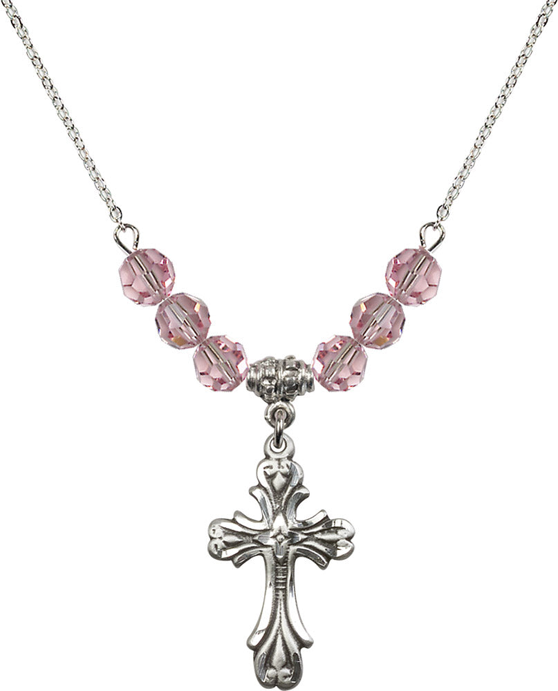 Sterling Silver Cross Birthstone Necklace with Light Rose Beads - 5419