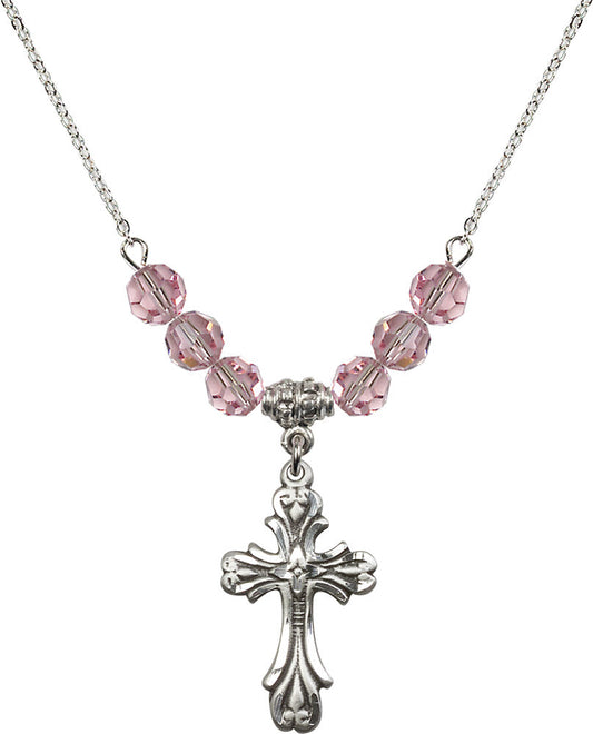Sterling Silver Cross Birthstone Necklace with Light Rose Beads - 5419